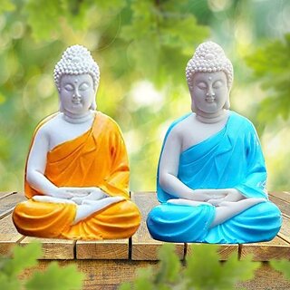                       Homeberry Meditation Blue and yellow Buddha Statue,Lord Figurine/Idol for Home and Office Decorative Showpiece  -  13 cm (Resin, Blue)                                              