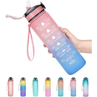                       Motivational Time Marker Water Bottle 1 Litre Leakproof Durable BPA Free Non-Toxic Drinking Water Bottle for Office Outdoor Gym Fitness Sports Sipper Water Bottle (Pnk,Blue,Pack of 1)                                              