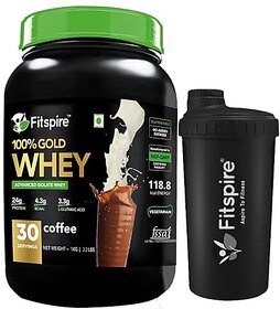 Fitspire 100 Gold Advanced Isolate Whey Protein - Coffee, 1Kg / 2.2 Lb, With 24Gm Protein, 4.3Gm Bcaa, Low Carbs For Great Strength, Faster Recovery  Muscle Building (30 Servings With Shaker)