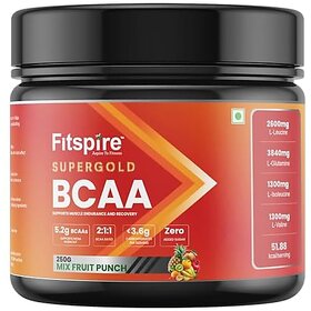 Fitspire Super Gold Bcaa Supplement For Men Women 250 Gm 19 Servings 2:1:1 Ratio (Leucine, Isoleucine, Valine) With Glutamine Amino Acid | Muscle Growth And Recovery |Intra-Workout (Fruit Punch)