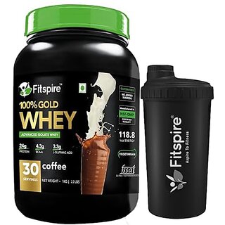                       Fitspire 100 Gold Advanced Isolate Whey Protein - Coffee, 1Kg / 2.2 Lb, With 24Gm Protein, 4.3Gm Bcaa, Low Carbs For Great Strength, Faster Recovery  Muscle Building (30 Servings With Shaker)                                              