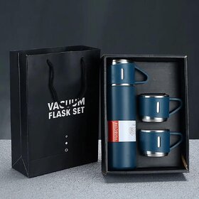 Double Wall Stainless Steel Thermo 500ml Vacuum Insulated Water Bottle Flask Set with 3  Cups Hot  Cold  Ideal Gift for Diwali and Birthday Gift Return Gift(Blue,Multi-Color)