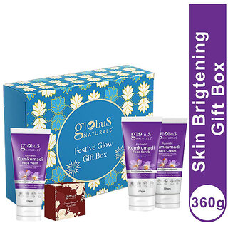                       Globus Naturals Kumkumadi Brightening Skincare Gift Box - Face Wash 100 ml, Face Scrub 100 gm, Face Cream 100 gm with Chocolate Box                                              