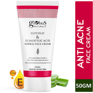                       Globus Naturals Glycolic  1 Salicylic Acid Herbal Anti Acne Face Cream, Enriched with Aloe Vera  Vitamin E, Reduces Dark spots  Hyperpigmentation, 50gm (Pack of 1)                                              