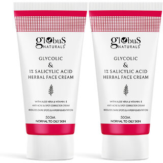                       Globus Naturals Glycolic  1 Salicylic Acid Herbal Anti Acne Face Cream, Enriched with Aloe Vera  Vitamin E, Reduces Dark spots  Hyperpigmentation, 50gm (Pack of 2)                                              