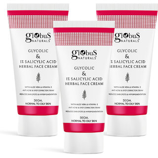                      Globus Naturals Glycolic  1 Salicylic Acid Herbal Anti Acne Face Cream, Enriched with Aloe Vera  Vitamin E, Reduces Dark spots  Hyperpigmentation, 50gm (Pack of 3)                                              