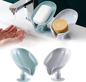 Soap Holder Soap Dishes Sponge Container With Suction Cup Leaf Shape Self Draining Soap Stand For Bathroom Kitchen Sink (Multicolor)(Pack Of 2).