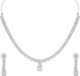 Jewellity Clear Stone And Silver American Diamond/AD Designer Necklace With Earrings Set For Girls/Women NSA-772