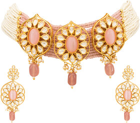 Jewellity Pastel Pink/Dull Pink Stone and Kundan Designer Choker Necklace With Earrings Set For Girls/Women NSK-5203