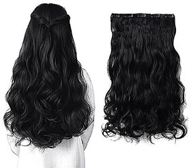 5 Clips Natural Curly/Wavy Hair Extensions in Synthetic Fiber in 24 inch, 1 Piece For women and girls in (BLACK)