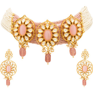                       Jewellity Pastel Pink/Dull Pink Stone and Kundan Designer Choker Necklace With Earrings Set For Girls/Women NSK-5203                                              