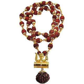                       5 Mukhi Rudraksha Mala Shiv Damru Mala Golden Cap Rudraksha Bracelet For Men  Women                                              