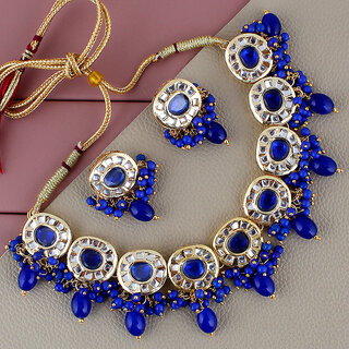                       Lucky Jewellery Meenakari Gold Plated Blue Color Earring Combo Kundan Choker Necklace set (1010-J5SK-1816-B)                                              