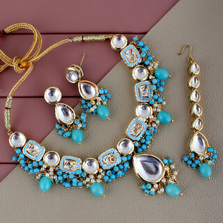                       Lucky Jewellery Meenakari Gold Plated Firozi Color Tika Earring Combo Kundan Necklace set (911-J5SK-1817-F)                                              