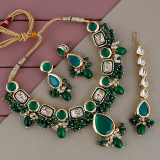                       Lucky Jewellery Meenakari Gold Plated Green Color Tika Earring Combo Kundan Necklace set (911-J5SK-1817-G)                                              