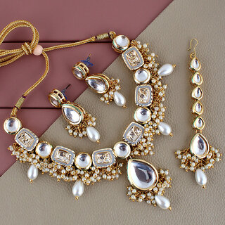                       Lucky Jewellery Meenakari Gold Plated Grey Color Tika Earring Combo Kundan Necklace set (911-J5SK-1817-GRW)                                              