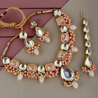                       Lucky Jewellery Meenakari Gold Plated Peach Color Tika Earring Combo Kundan Necklace set (911-J5SK-1817-PH)                                              