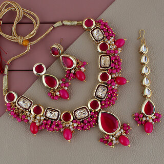                       Lucky Jewellery Meenakari Gold Plated Magenta Color Tika Earring Combo Kundan Necklace set (911-J5SK-1817-R)                                              