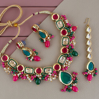                       Lucky Jewellery Meenakari Gold Plated Multi Color Tika Earring Combo Kundan Necklace set (911-J5SK-1817-RG)                                              