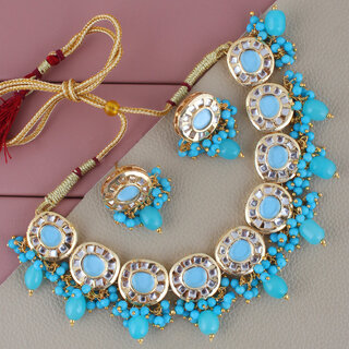                       Lucky Jewellery Meenakari Gold Plated Firozi Color Earring Combo Kundan Choker Necklace set (1010-J5SK-1816-F)                                              