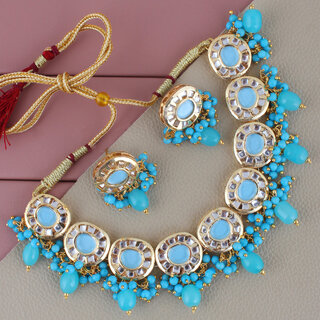 Lucky Jewellery Meenakari Gold Plated Firozi Color Earring Combo Kundan Choker Necklace set (1010-J5SK-1816-F) Lucky Jewellery Meenakari Gold Plated Firozi Color Earring Combo Kundan Choker Necklace set (1010-J5SK-1816-F)