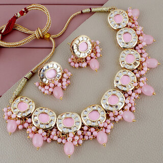 Lucky Jewellery Meenakari Gold Plated Pink Color Earring Combo Kundan Choker Necklace set (1010-J5SK-1816-PK)