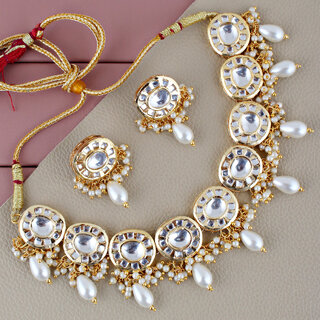                       Lucky Jewellery Meenakari Gold Plated White Color  Earring Combo Kundan Necklace set (1010-J5SK-1816-W)                                              