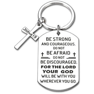                      M Men Style Religious Cross Be Strong And Courageous Joshua 1.9  Silver  Stainless Steel Keychain                                              