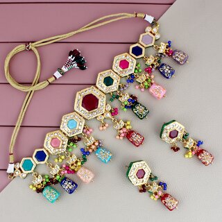 LUCKY JEWELLERY Meenakari 18K Gold plated Multi color pentagon shape Kundan Choker Set (2145-J5SK-1613-MT) LUCKY JEWELLERY Meenakari 18K Gold plated Multi color pentagon shape Kundan Choker Set (2145-J5SK-1613-MT)