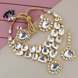 LUCKY JEWELLERY Meenakari 18K Gold plated White color pentagon shape Kundan Necklace Set (2145-M6SK-1674-W) LUCKY JEWELLERY Meenakari 18K Gold plated White color pentagon shape Kundan Necklace Set (2145-M6SK-1674-W)