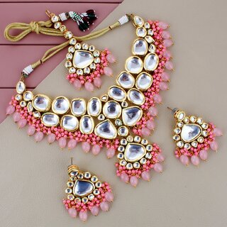 LUCKY JEWELLERY Meenakari 18K Gold plated Pink color Uncut, faux Kundan Necklace Set (2916-M6SK-1674-PK) LUCKY JEWELLERY Meenakari 18K Gold plated Pink color Uncut, faux Kundan Necklace Set (2916-M6SK-1674-PK)