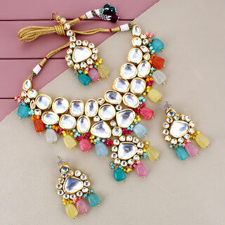                       LUCKY JEWELLERY Meenakari 18K Gold plated Multicolor shape Kundan Necklace Set (2935-M6SK-1674-MT)                                              