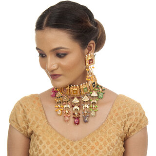                       LUCKY JEWELLERY Meenakari Gold plated Multi color Rectangular shape Kundan Necklace Set (3399-J5SK-1612-MT)                                              