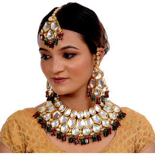                       LUCKY JEWELLERY Meenakari 18K Gold plated Multi color pentagon shape Kundan Necklace Set (3776-M6SK-1676-MG)                                              