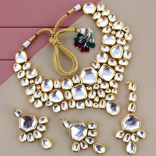                       LUCKY JEWELLERY Meenakari 18K Gold plated White color pentagon shape Kundan Necklace Set (4125-M4SK-1574)                                              