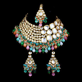                       LUCKY JEWELLERY Meenakari 18K Gold plated Multi color dibbi Kundan Necklace Set (8656-M4SK-1568-MT)                                              