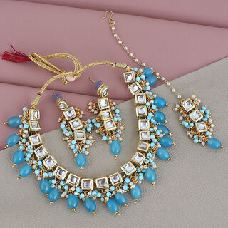 Lucky Jewellery Meenakari 18k Gold Plated Blue Color Tika Earring Kundan Choker Necklace Set (660-J5SK-1664-F) Lucky Jewellery Meenakari 18k Gold Plated Blue Color Tika Earring Kundan Choker Necklace Set (660-J5SK-1664-F)