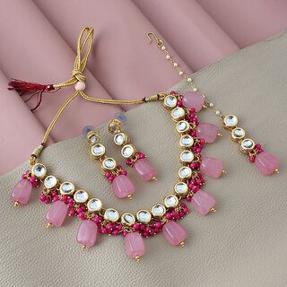                       Lucky Jewellery Meenakari 18k Gold Plated Pink Color White Kundan Choker Necklace Set (744-J5SK-1683-PK)                                              