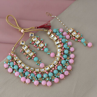                       Lucky Jewellery Meenakari 18k Gold Plated Multicolor White Kundan Choker Necklace Set (850-J5SK-1643-MNTPK)                                              