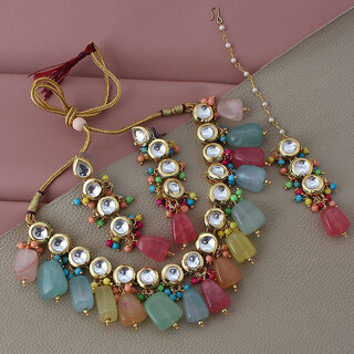                      Lucky Jewellery Meenakari 18k Gold Plated Multicolor White Kundan Choker Necklace Set (1056-J5SK-1650-MT)                                              
