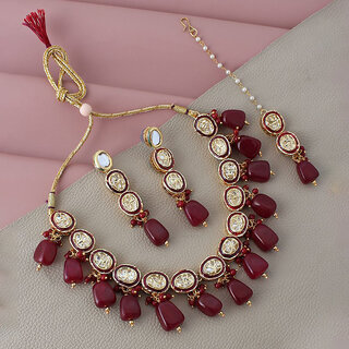                       Lucky Jewellery Meenakari 18k Gold Plated Maroon Color White Kundan Choker Necklace Set (1063-J5SK-1623-M)                                              