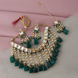                       Lucky Jewellery Meenakari 18k Gold Plated Green Color White Kundan Choker Necklace Set (1073-J5SK-1665-G)                                              