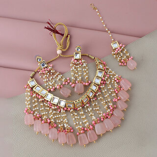                       Lucky Jewellery Meenakari 18k Gold Plated Pink Color White Kundan Choker Necklace Set (1073-J5SK-1665-PK)                                              