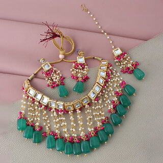                       Lucky Jewellery Meenakari 18k Gold Plated Multicolor White Kundan Choker Necklace Set (1073-J5SK-1665-RG)                                              