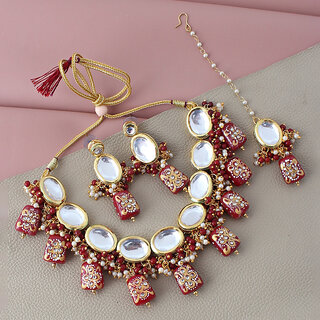                       Lucky Jewellery Meenakari 18k Gold Plated Maroon Color White Kundan Choker Necklace Set (1110-J5SK-1633-M)                                              