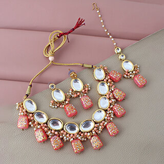 Lucky Jewellery Meenakari 18k Gold Plated Peach Color White Kundan Choker Necklace Set (1110-J5SK-1633-PH) Lucky Jewellery Meenakari 18k Gold Plated Peach Color White Kundan Choker Necklace Set (1110-J5SK-1633-PH)