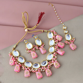 Lucky Jewellery Meenakari 18k Gold Plated Pink Color White Kundan Choker Necklace Set (1110-J5SK-1633-PK) Lucky Jewellery Meenakari 18k Gold Plated Pink Color White Kundan Choker Necklace Set (1110-J5SK-1633-PK)