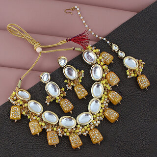                       Lucky Jewellery Meenakari 18k Gold Plated Yellow Color White Kundan Choker Necklace Set (1110-J5SK-1633-Y)                                              