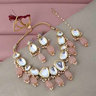                       Lucky Jewellery Meenakari 18k Gold Plated Pink Color White Kundan Choker Necklace Set (1121-J5SK-1646-PK)                                              