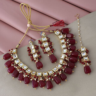                       Lucky Jewellery Meenakari 18k Gold Plated Maroon Color White Kundan Choker Necklace Set (660-J5SK-1652-M)                                              